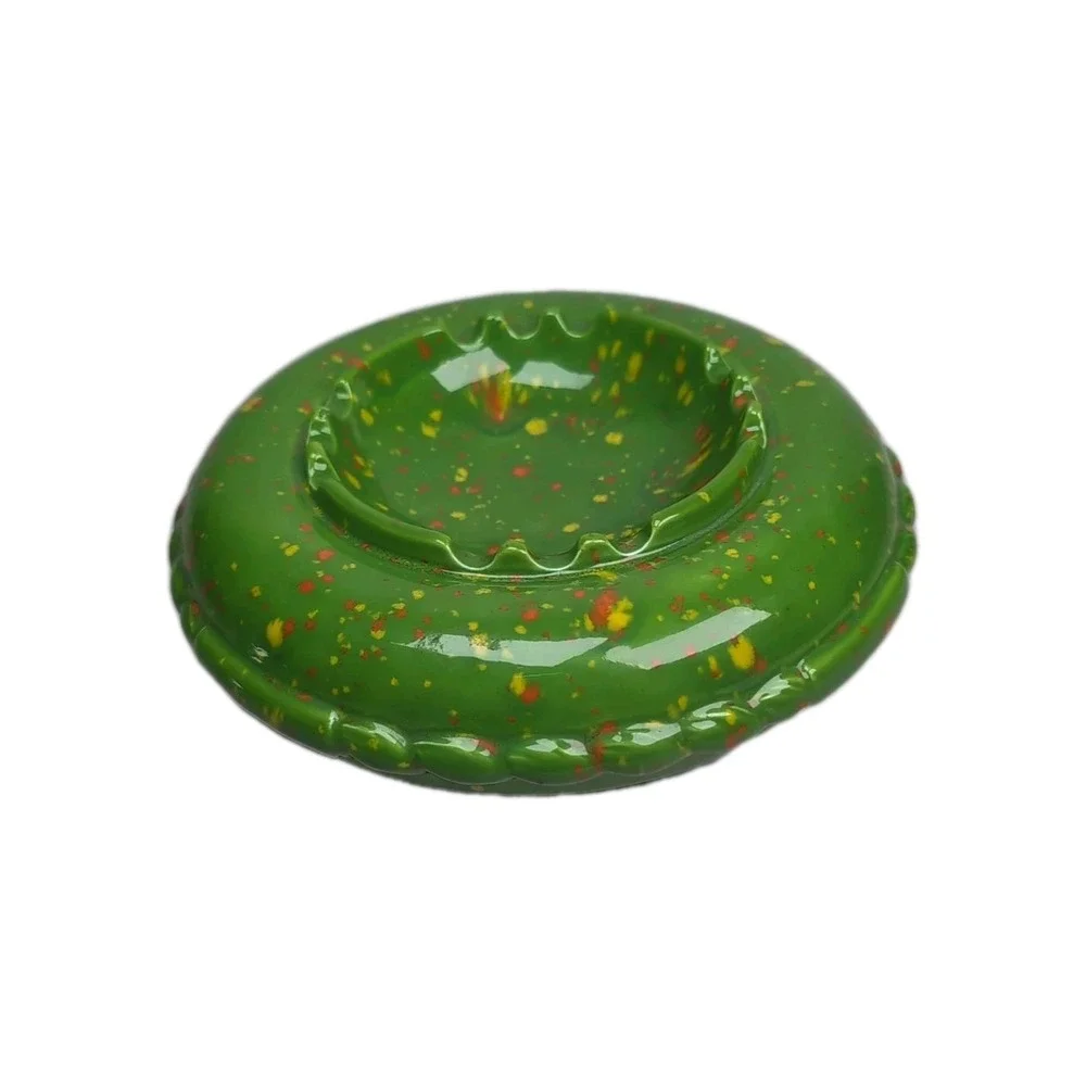 Gare 1974 Green W/Specks Of Orange Glaze Ceramic Ashtray USA Made 7.5